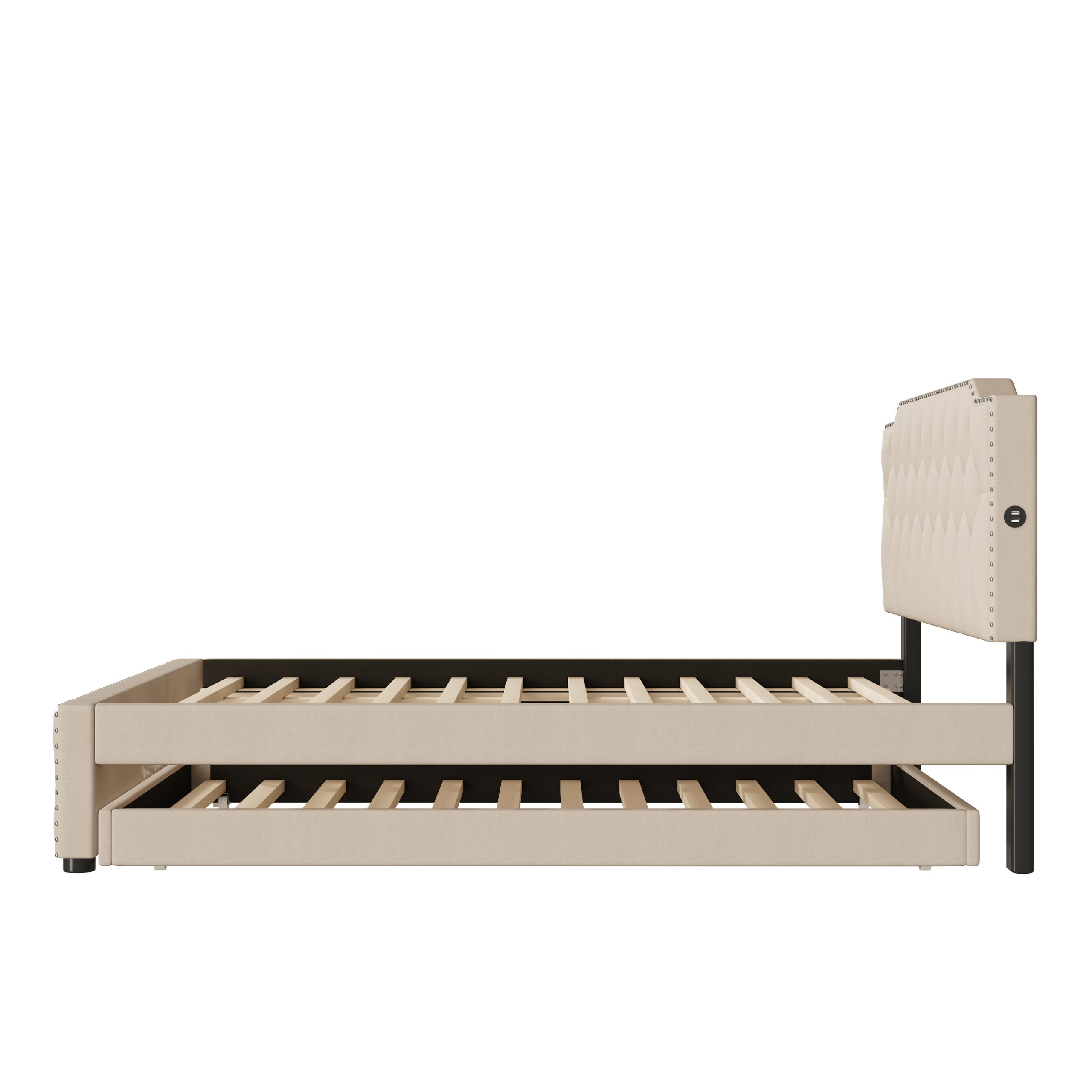 Queen Size Upholstered Platform Bed with Twin Size Trundle and 2 sets of USB Ports On Each Side, Linen Fabric