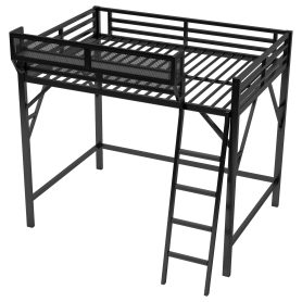 Metal Full Size Loft Bed With Ladder and Storage Shelves