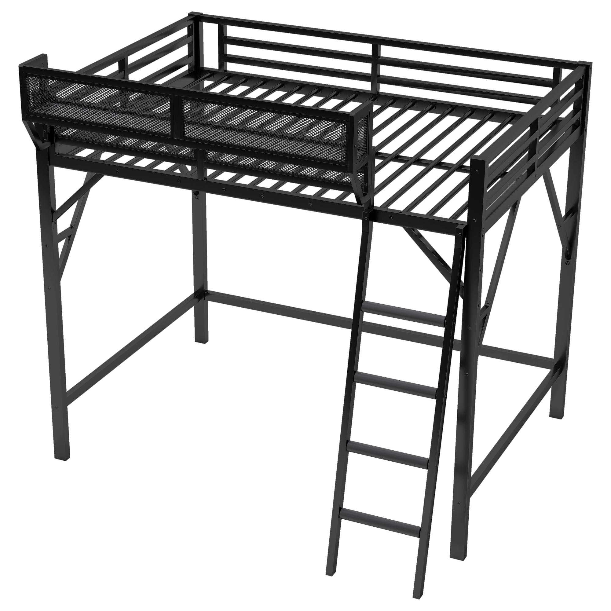 Metal Full Size Loft Bed With Ladder and Storage Shelves
