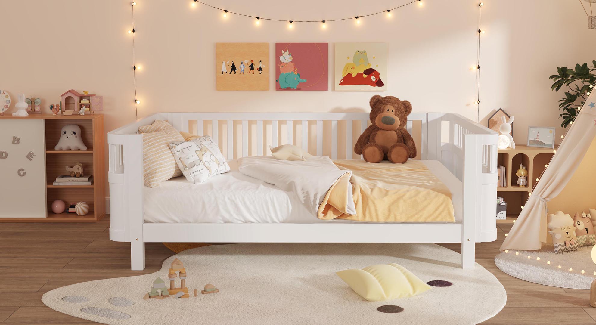 Wood Low Profile Queen Bed with Rails for Girls and Boys