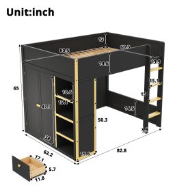 Queen Size Loft Bed with Cabinet, Storage Shelves and Drawer, LED Strip