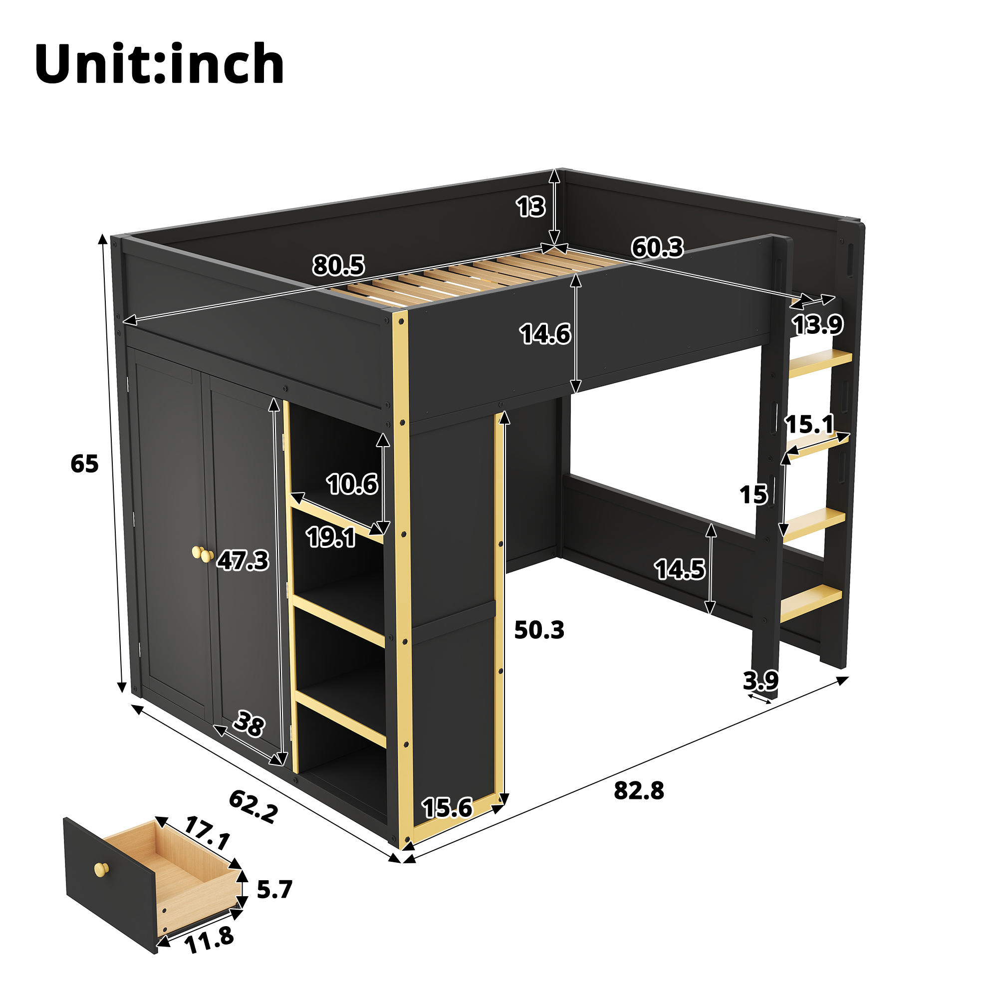 Queen Size Loft Bed with Cabinet, Storage Shelves and Drawer, LED Strip