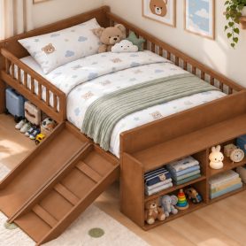 Platform Full Size Bed with Storage Shelf, Guardrail, Slide and Ladder