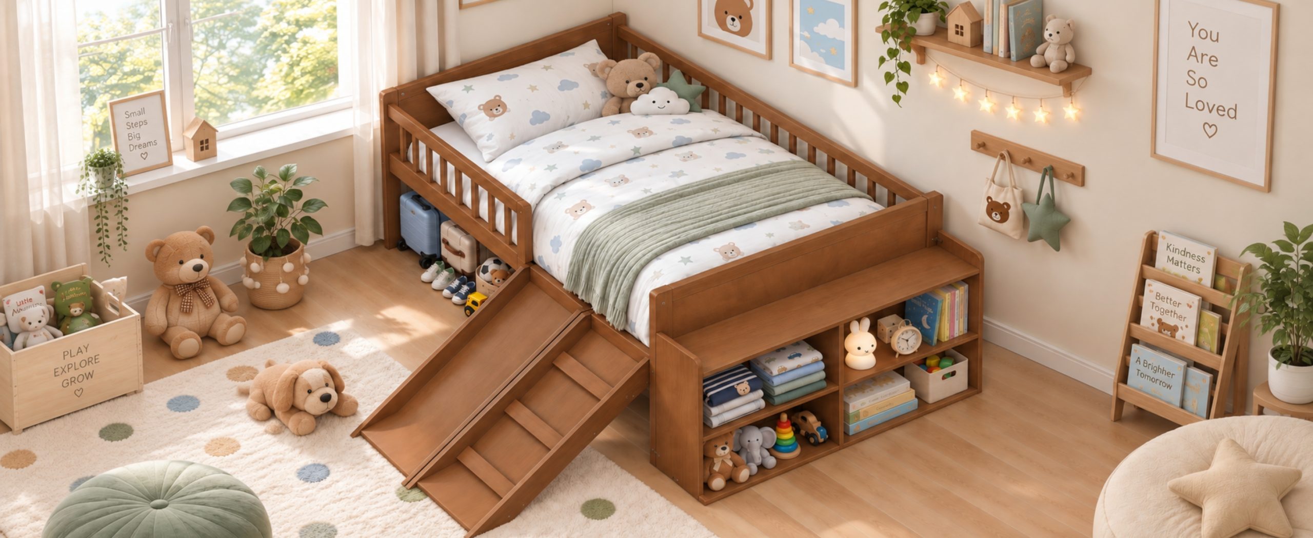 Platform Full Size Bed with Storage Shelf, Guardrail, Slide and Ladder