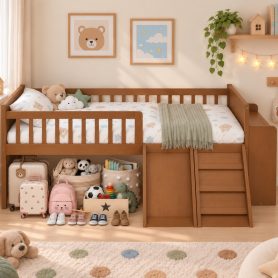 Platform Full Size Bed with Storage Shelf, Guardrail, Slide and Ladder