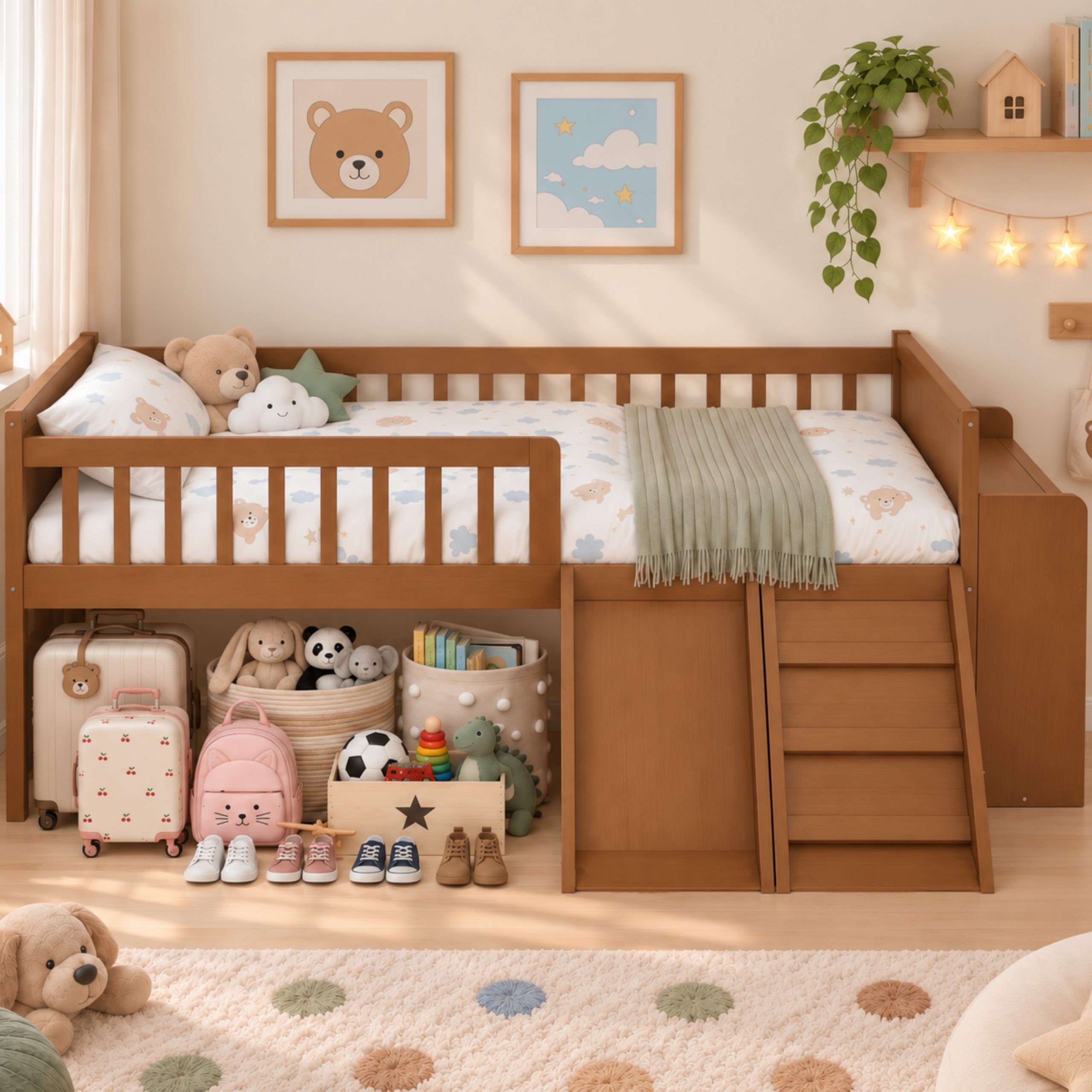 Platform Full Size Bed with Storage Shelf, Guardrail, Slide and Ladder
