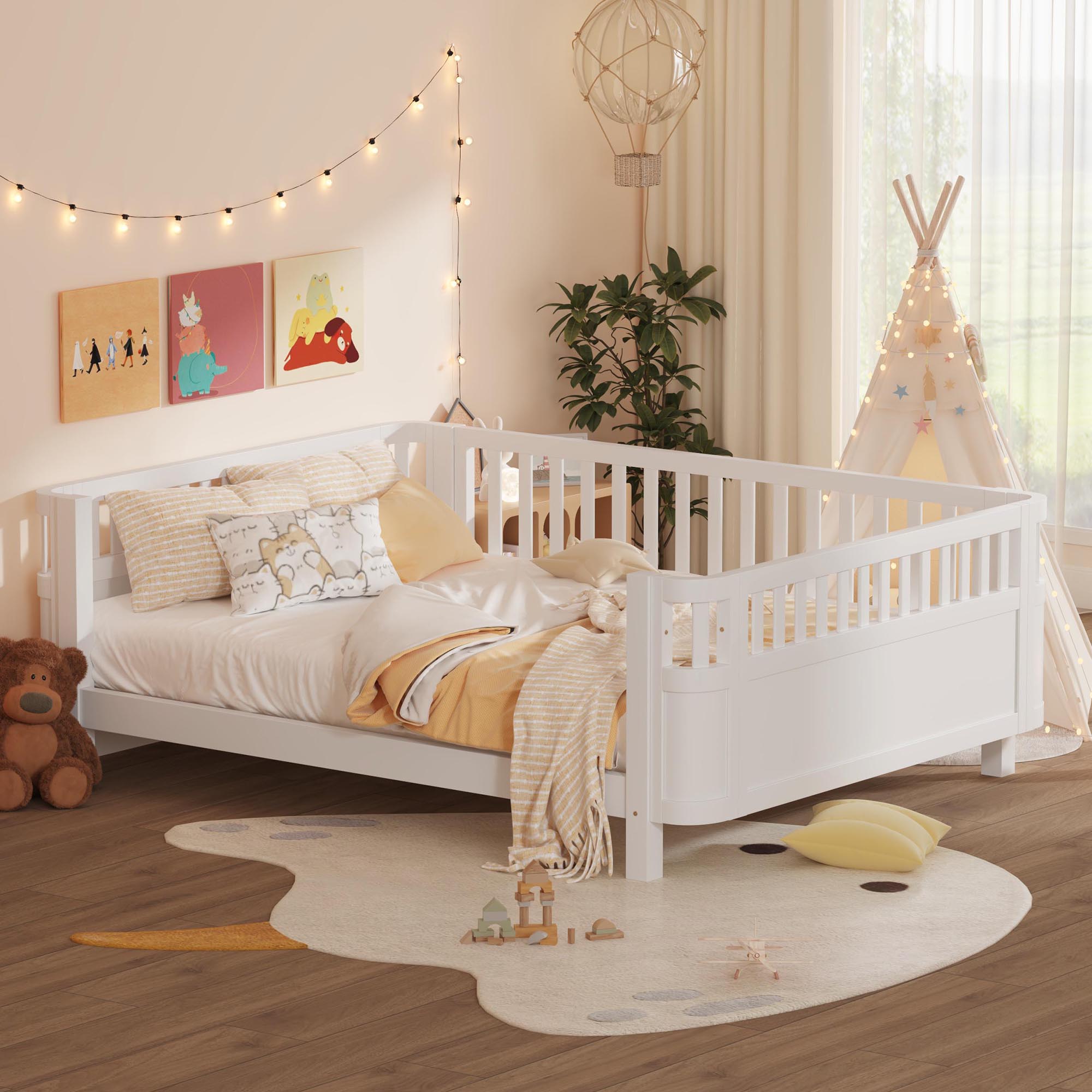 Wood Low Profile Queen Bed with Rails for Girls and Boys
