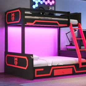 Twin over Full Bunk Bed with LED Light Strip, Drawer and Ladder