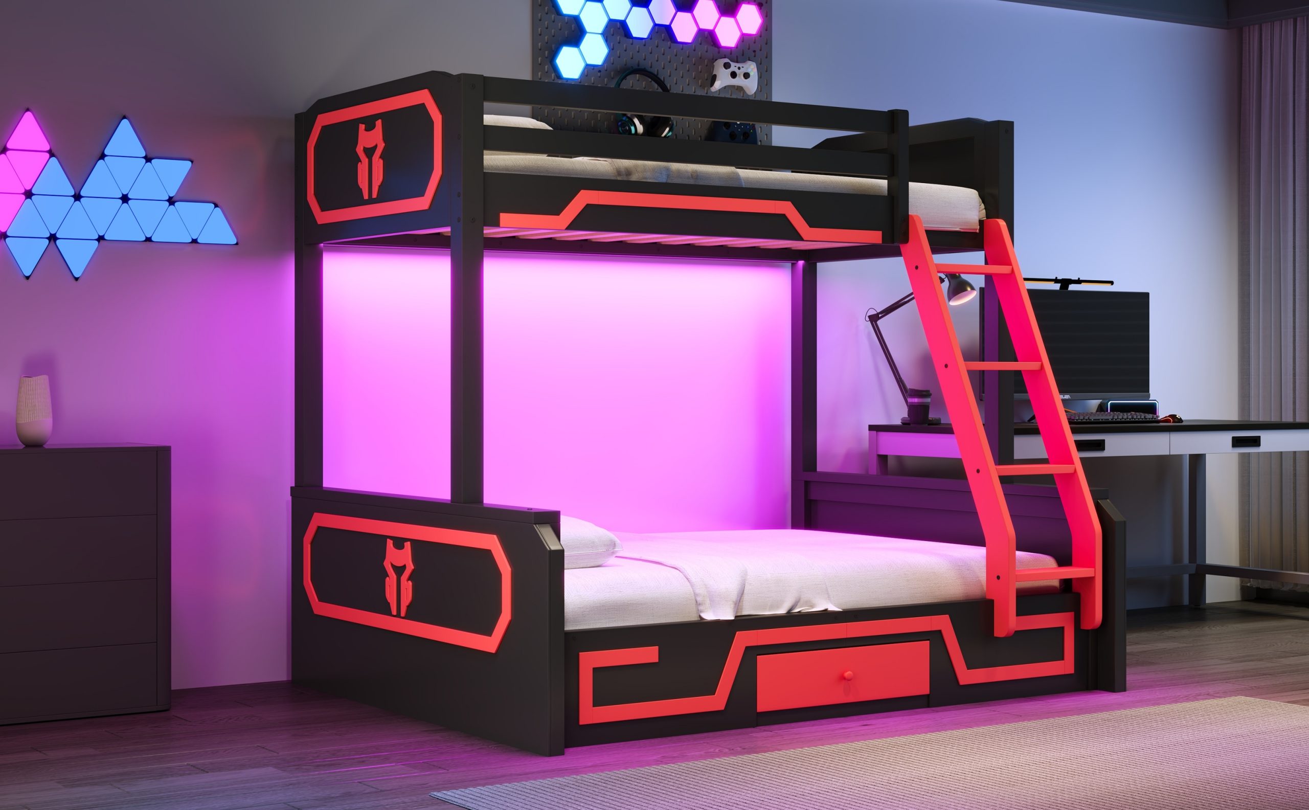 Twin over Full Bunk Bed with LED Light Strip, Drawer and Ladder