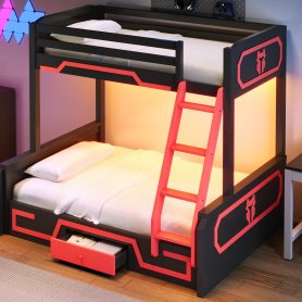 Twin over Full Bunk Bed with LED Light Strip, Drawer and Ladder