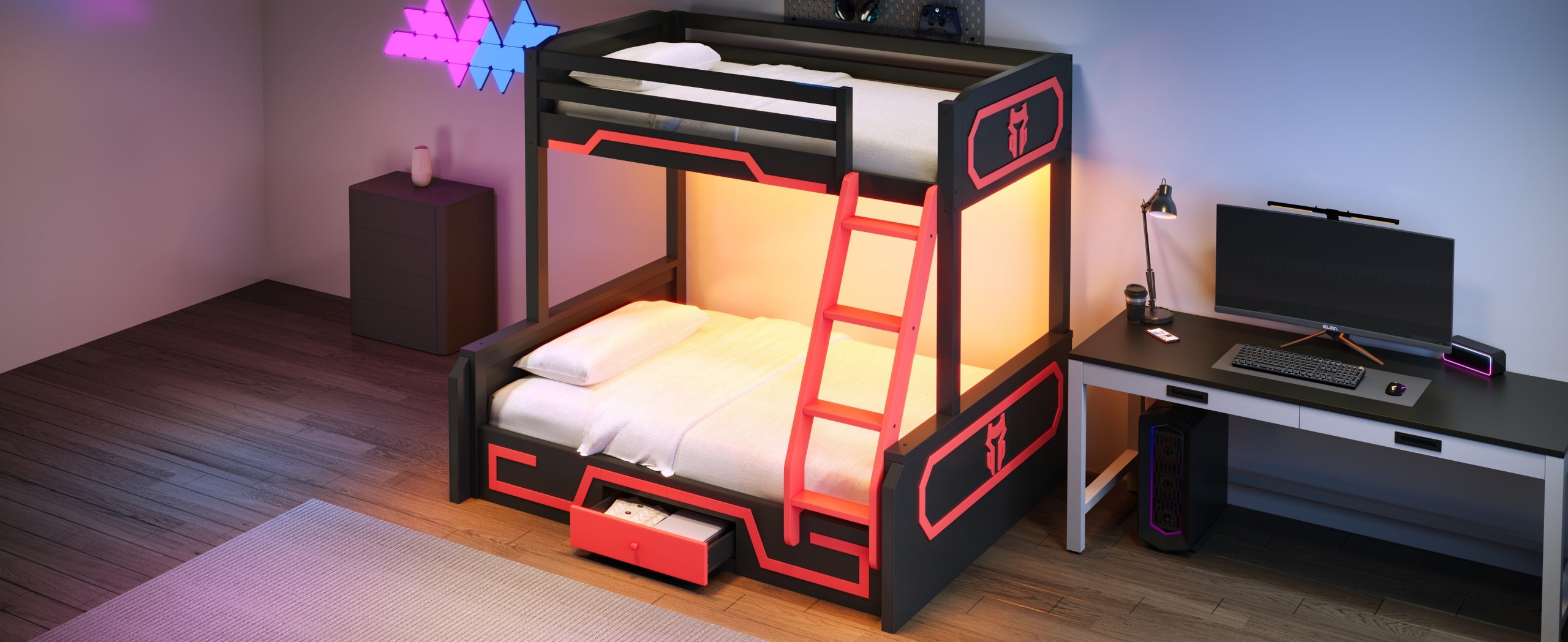 Twin over Full Bunk Bed with LED Light Strip, Drawer and Ladder