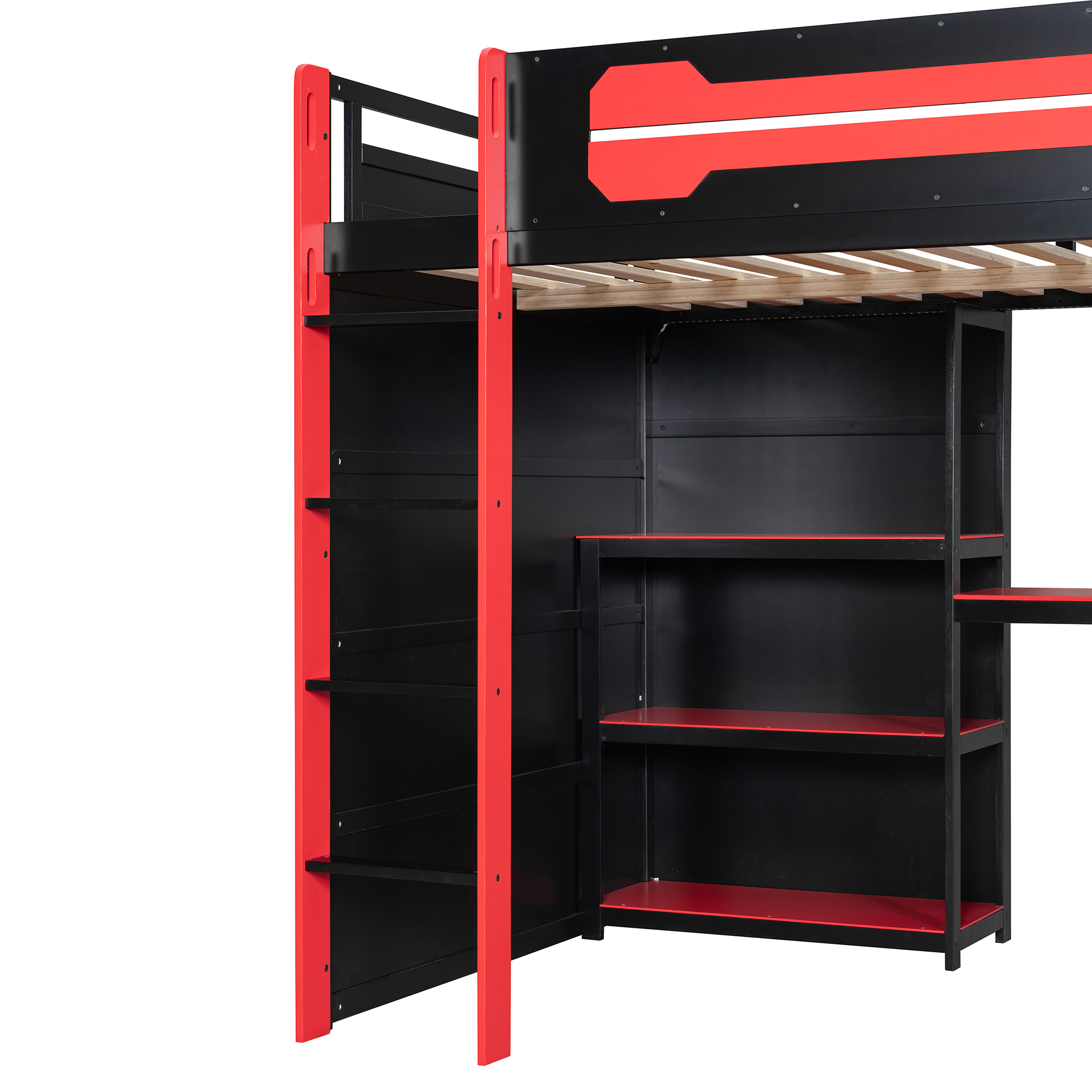 Full Size Wooden Gaming Loft Bed with Storage Shelves, Desk, USB & Power Outlet, and LED Light