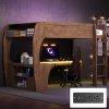 Full Size Loft Bed with L- Shape Desk, Storage Shelves, LED and Charging Station