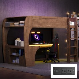 Full Size Loft Bed with L- Shape Desk, Storage Shelves, LED and Charging Station