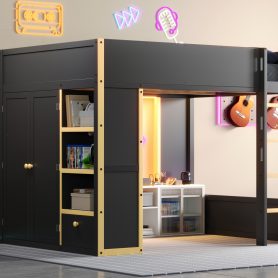 Queen Size Loft Bed with Cabinet, Storage Shelves and Drawer, LED Strip