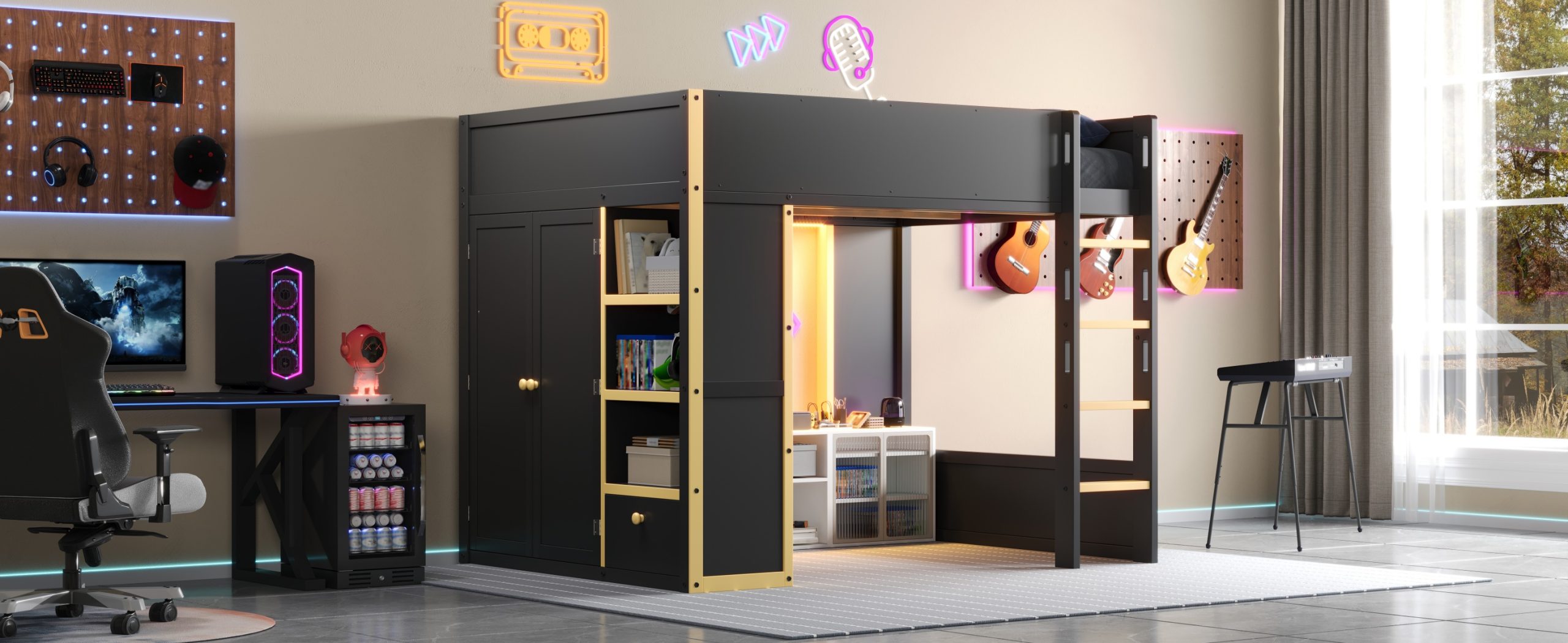 Queen Size Loft Bed with Cabinet, Storage Shelves and Drawer, LED Strip