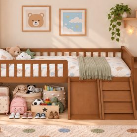 Platform Full Size Bed with Storage Shelf, Guardrail, Slide and Ladder