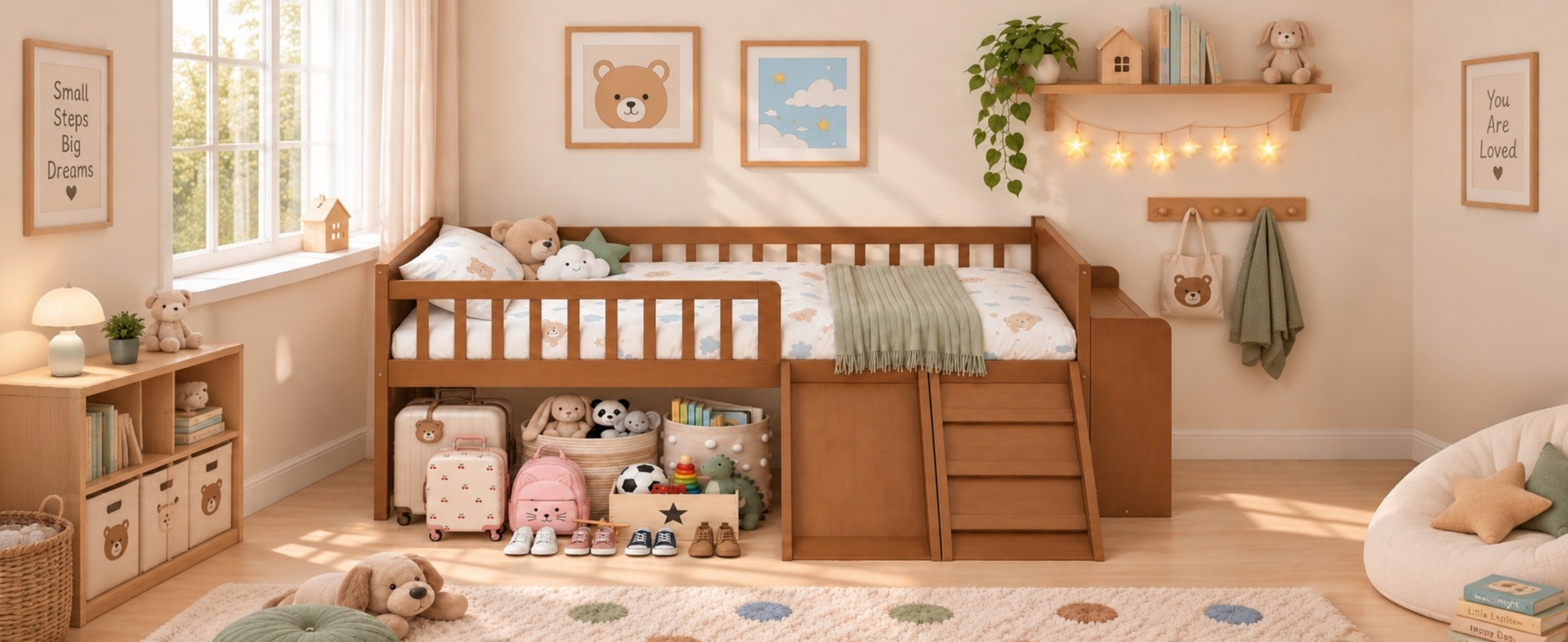Platform Full Size Bed with Storage Shelf, Guardrail, Slide and Ladder