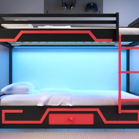 Queen over Queen Bunk Bed with LED Light Strip, Drawer and Ladder