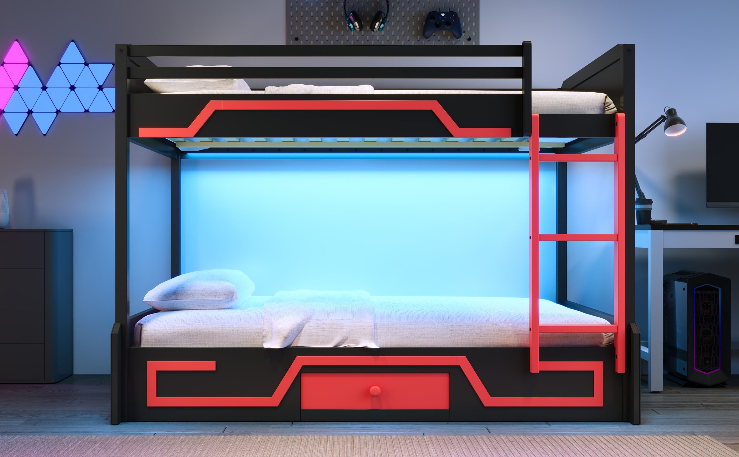 Queen over Queen Bunk Bed with LED Light Strip, Drawer and Ladder