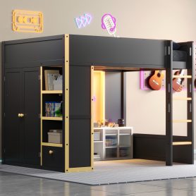 Queen Size Loft Bed with Cabinet, Storage Shelves and Drawer, LED Strip