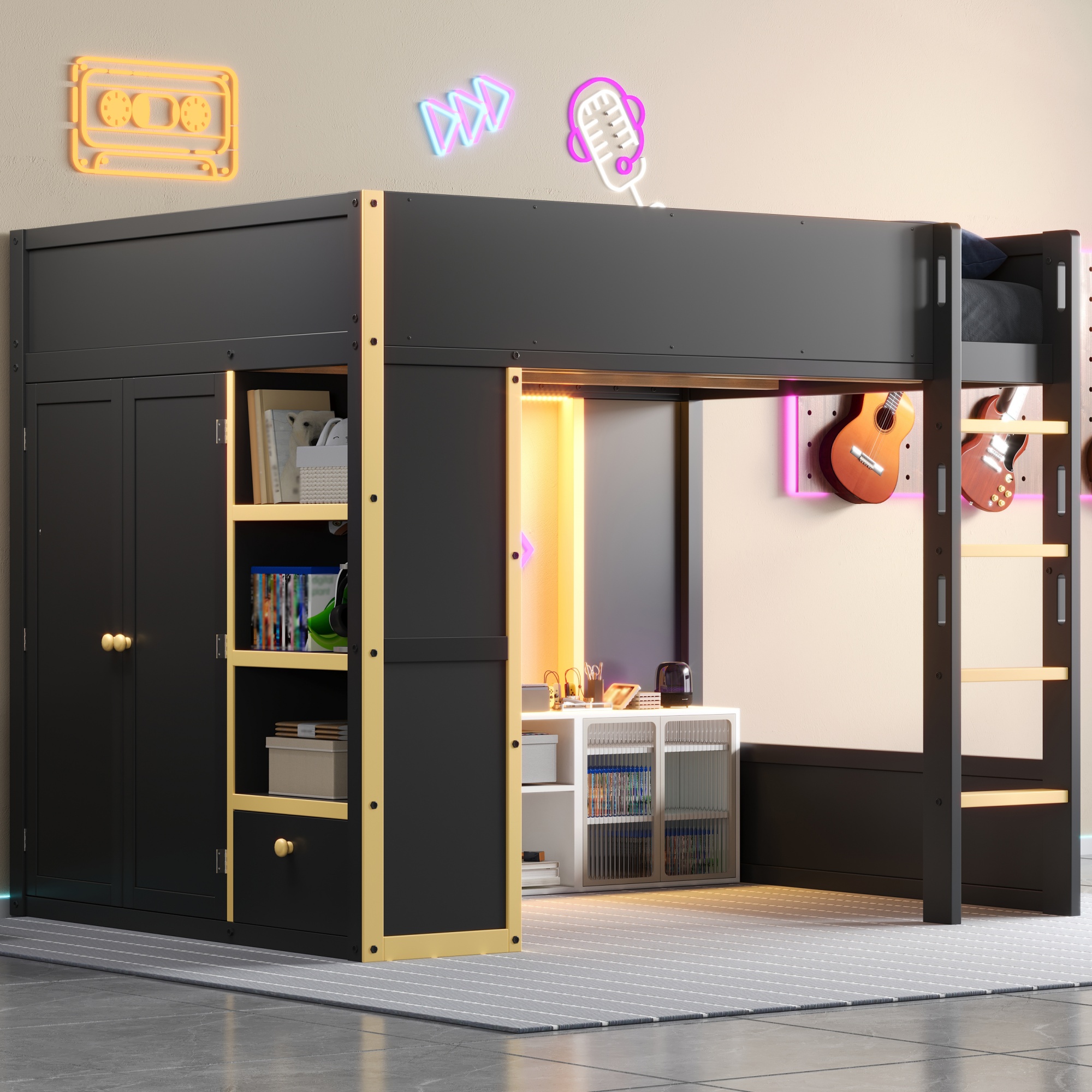 Queen Size Loft Bed with Cabinet, Storage Shelves and Drawer, LED Strip