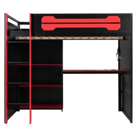 Full Size Wooden Gaming Loft Bed with Storage Shelves, Desk, USB & Power Outlet, and LED Light