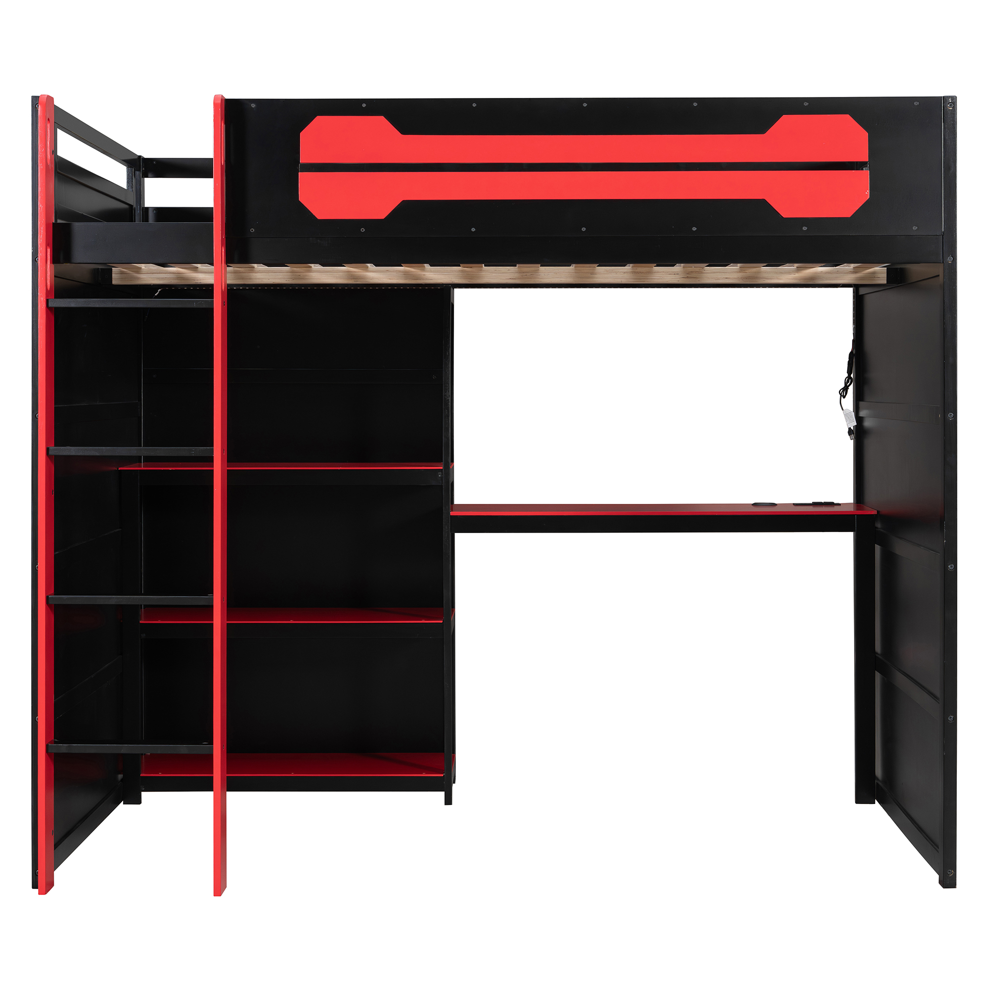 Full Size Wooden Gaming Loft Bed with Storage Shelves, Desk, USB & Power Outlet, and LED Light