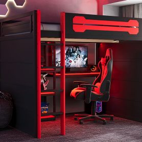 Full Size Wooden Gaming Loft Bed with Storage Shelves, Desk, USB & Power Outlet, and LED Light