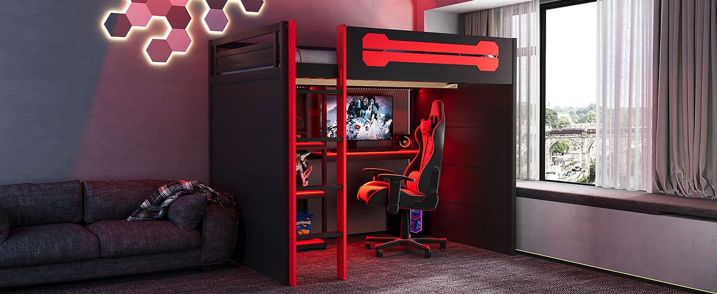Full Size Wooden Gaming Loft Bed with Storage Shelves, Desk, USB & Power Outlet, and LED Light