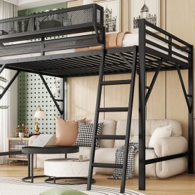Metal Full Size Loft Bed With Ladder and Storage Shelves