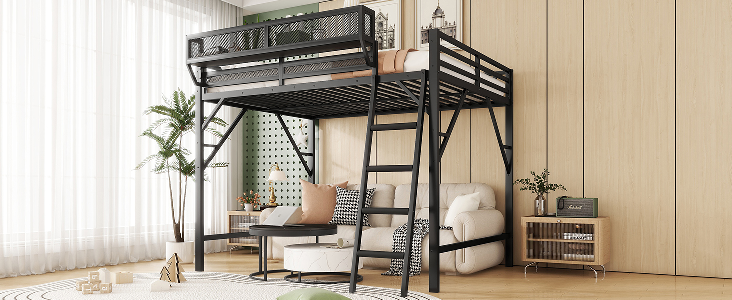 Metal Full Size Loft Bed With Ladder and Storage Shelves