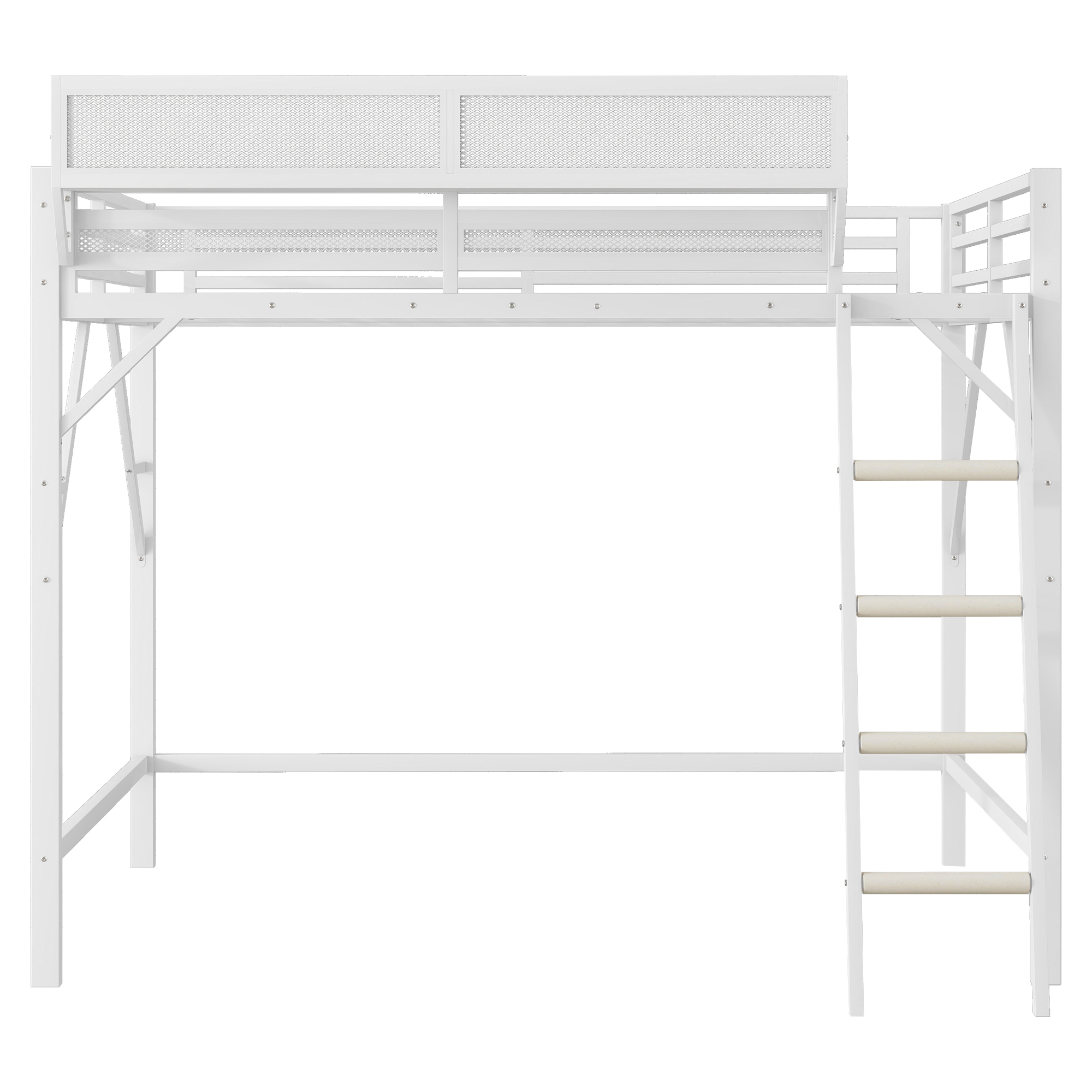 Metal Queen Size Loft Bed With Ladder and Storage Shelves