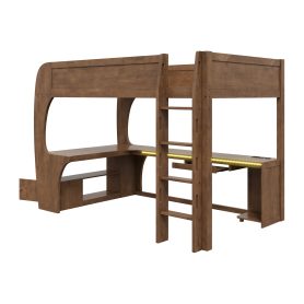 Full Size Loft Bed with L- Shape Desk, Storage Shelves, LED and Charging Station
