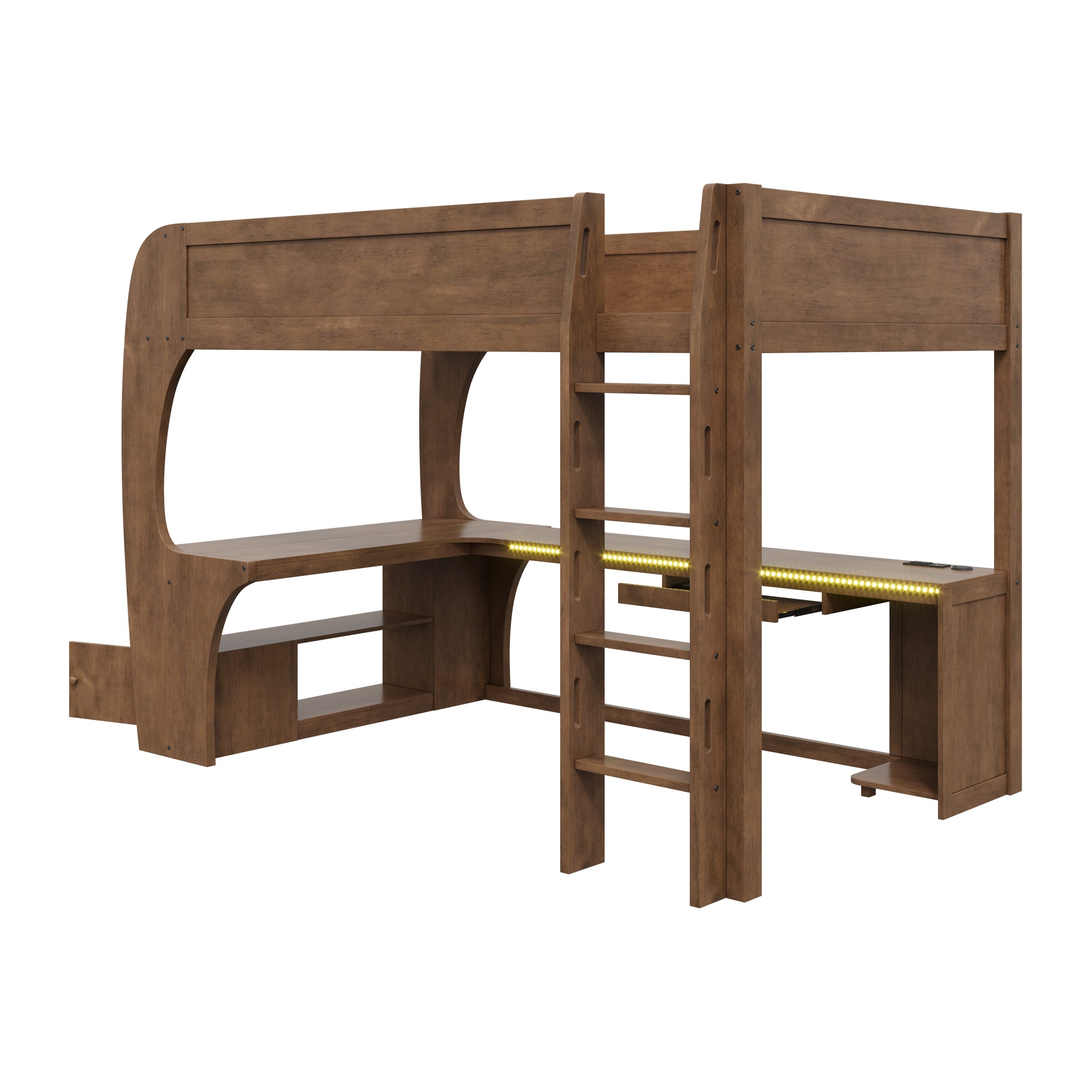 Full Size Loft Bed with L- Shape Desk, Storage Shelves, LED and Charging Station