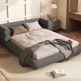 Queen Size Upholstered Platform Bed Frame with Unique Layered Bolster Headboard