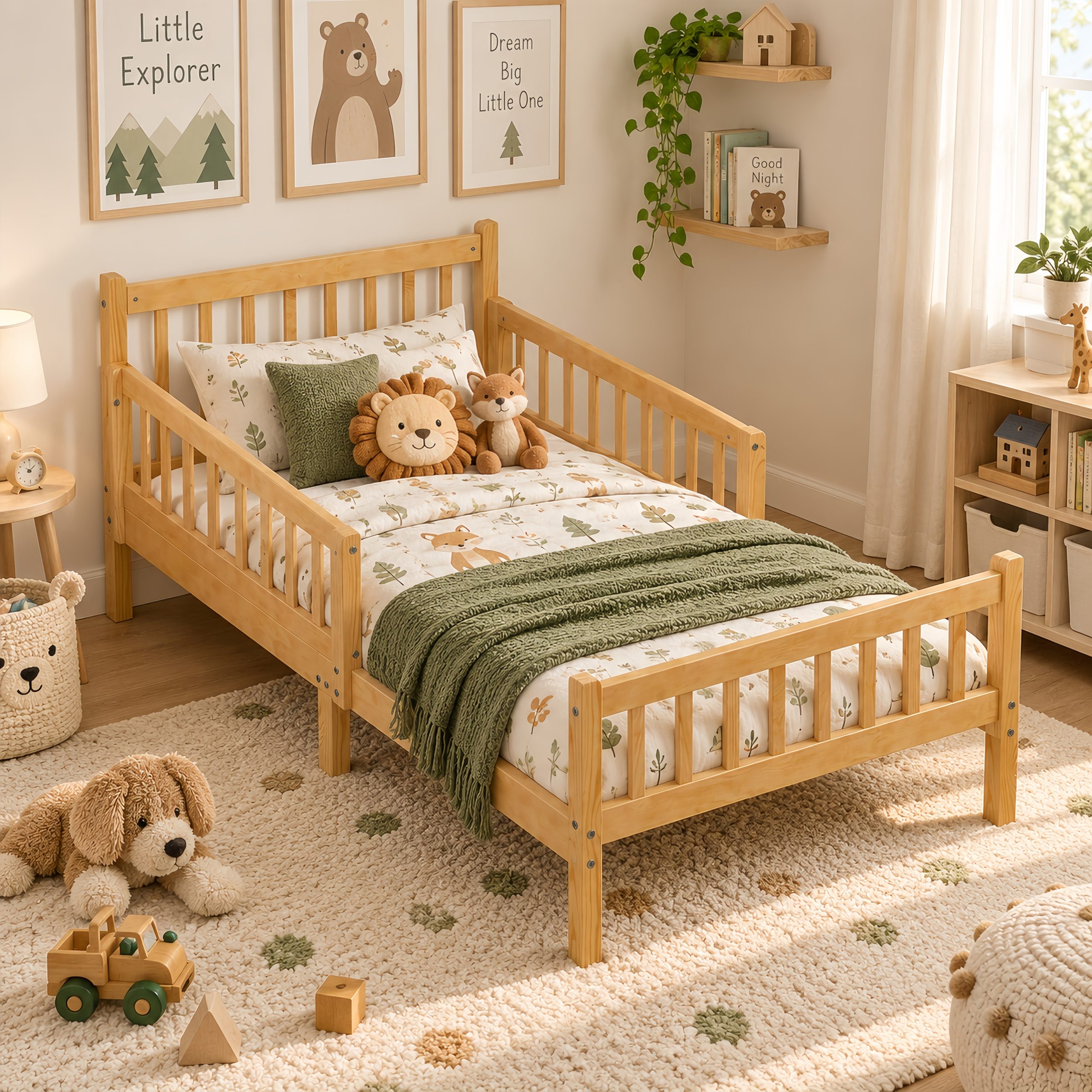 Twin Size Bed Frame With Removable Safety Guardrails