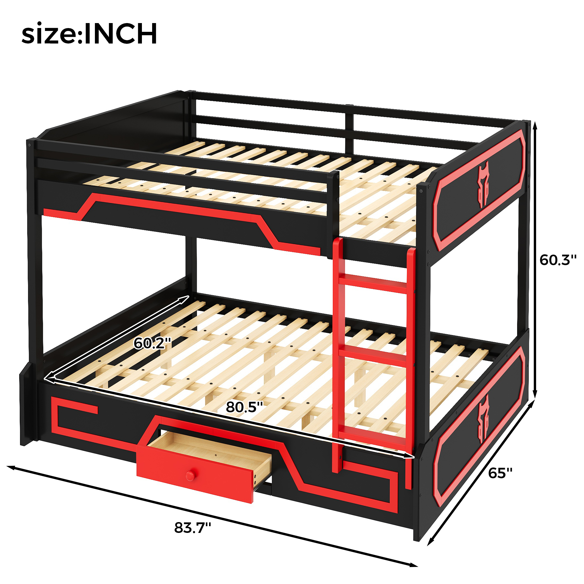 Queen over Queen Bunk Bed with LED Light Strip, Drawer and Ladder