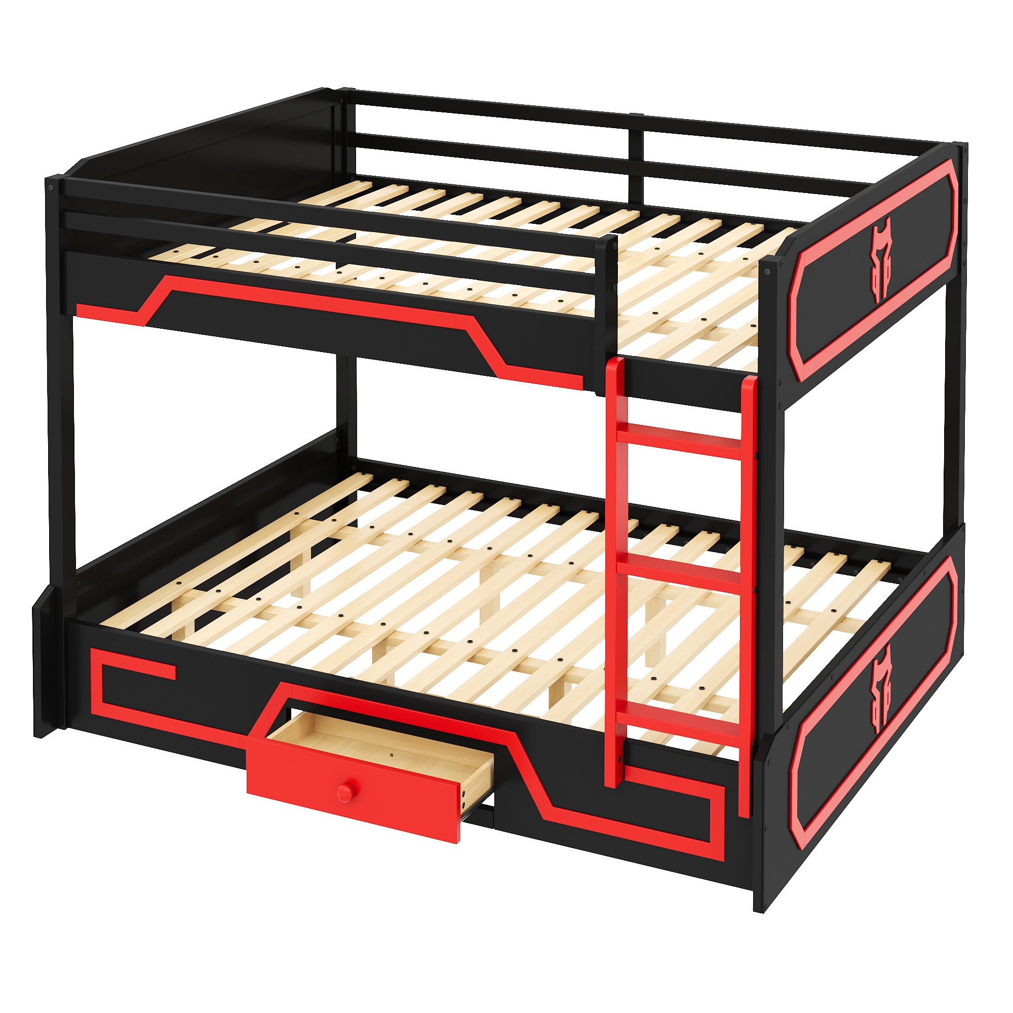 Queen over Queen Bunk Bed with LED Light Strip, Drawer and Ladder
