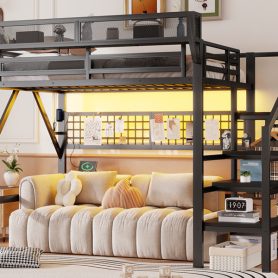 Metal Full Loft Bed with Light and Storage and Charging Station