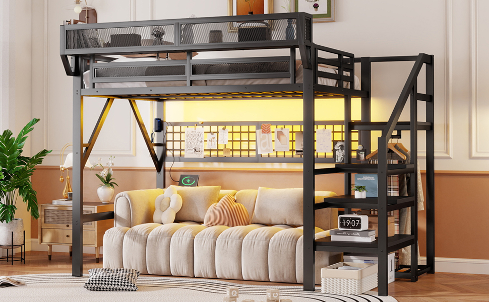 Metal Full Loft Bed with Light and Storage and Charging Station
