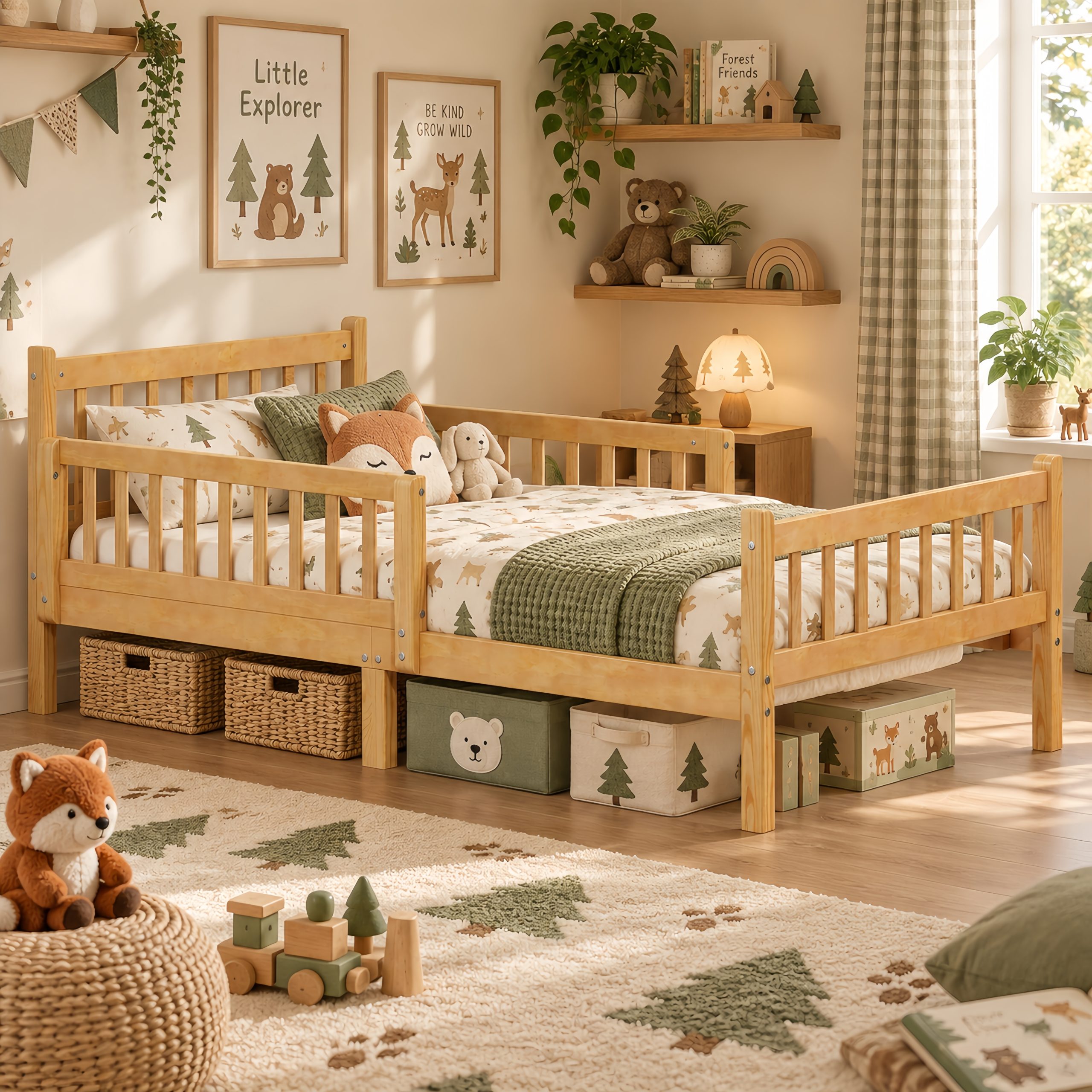 Twin Size Bed Frame With Removable Safety Guardrails