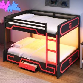 Queen over Queen Bunk Bed with LED Light Strip, Drawer and Ladder