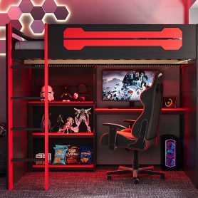 Full Size Wooden Gaming Loft Bed with Storage Shelves, Desk, USB & Power Outlet, and LED Light