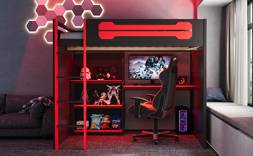 Full Size Wooden Gaming Loft Bed with Storage Shelves, Desk, USB & Power Outlet, and LED Light