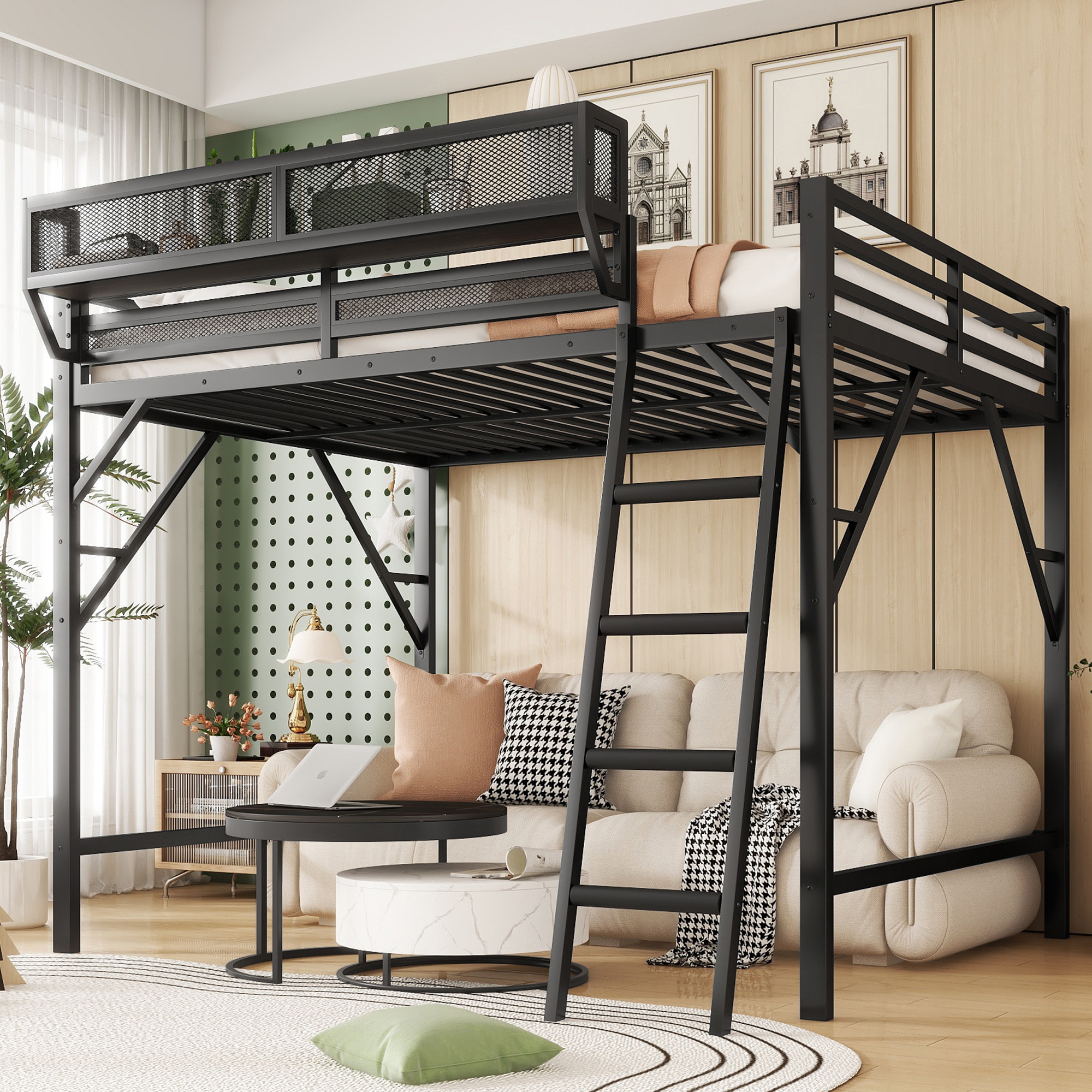 Metal Full Size Loft Bed With Ladder and Storage Shelves