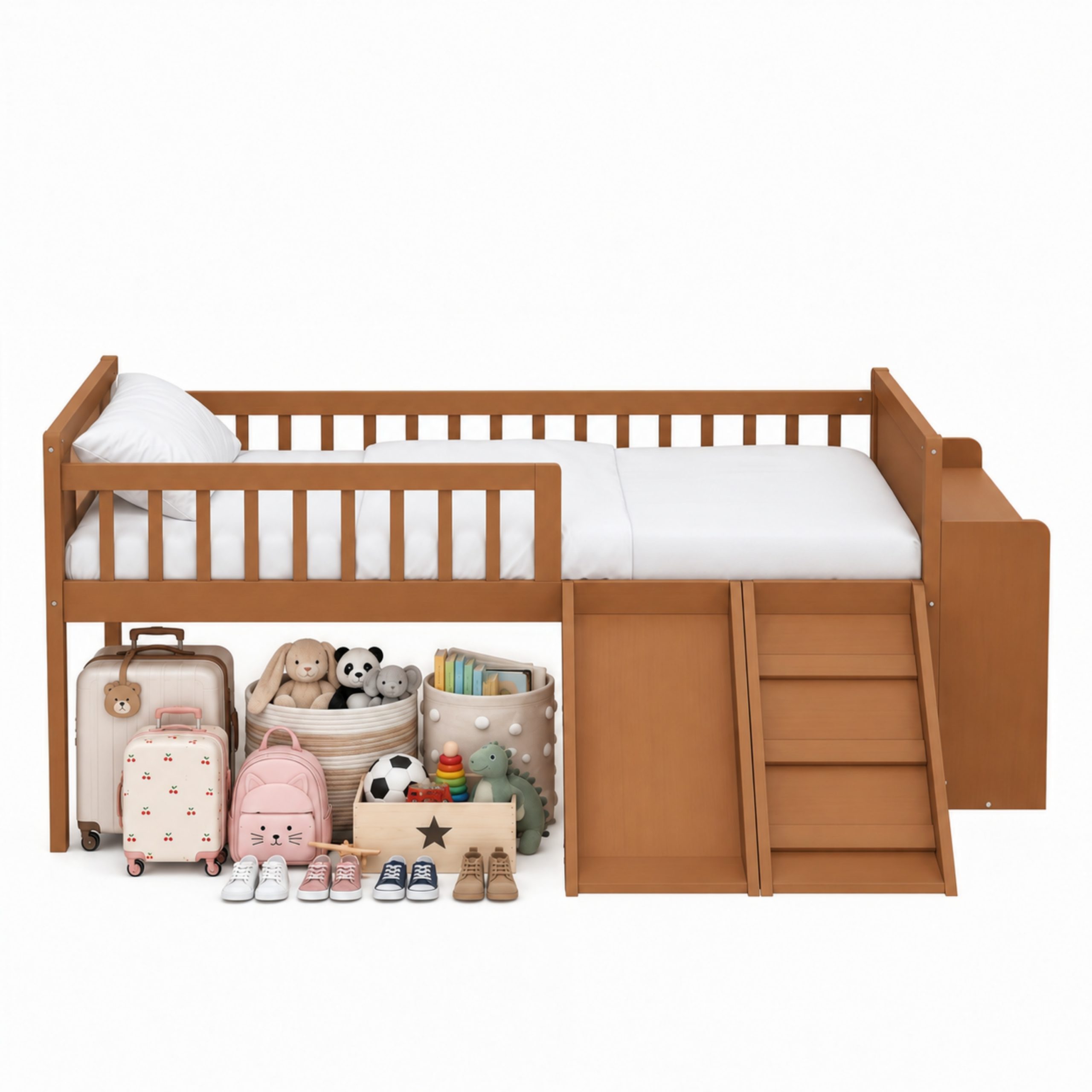 Platform Full Size Bed with Storage Shelf, Guardrail, Slide and Ladder