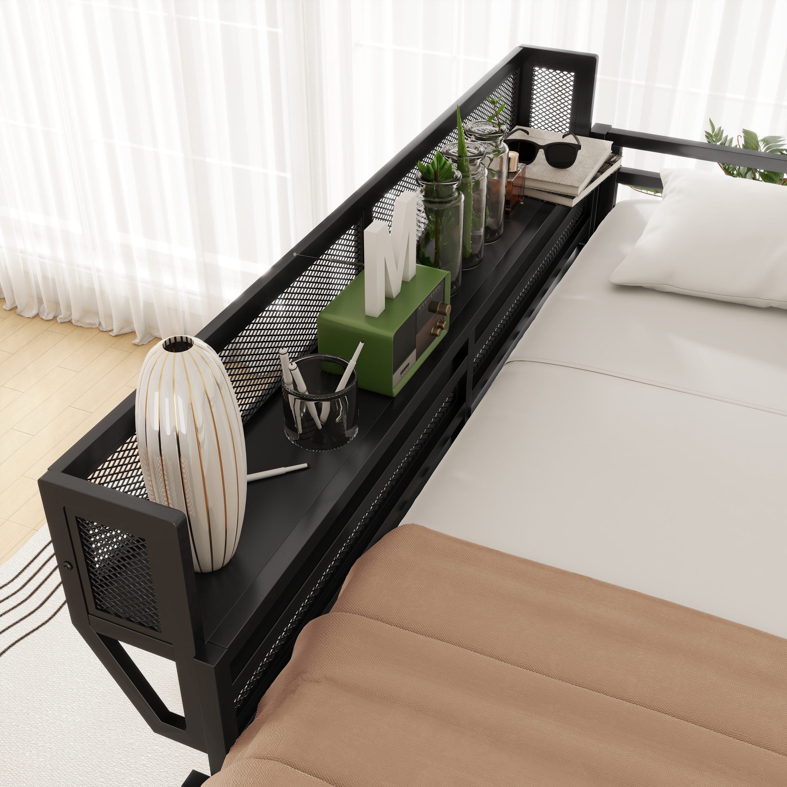 Metal Full Size Loft Bed With Ladder and Storage Shelves