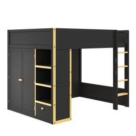 Queen Size Loft Bed with Cabinet, Storage Shelves and Drawer, LED Strip