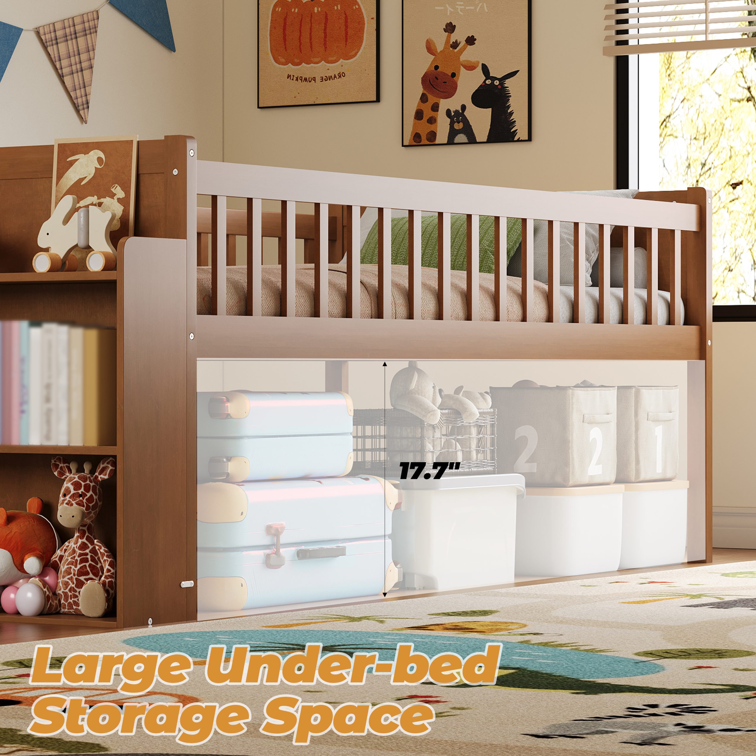 Platform Full Size Bed with Storage Shelf, Guardrail, Slide and Ladder